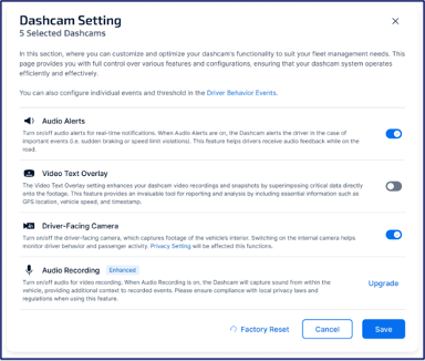 A Dashcam Settings window displaying options to toggle audio alerts, video text overlays, driver-facing cameras, and audio recording. Each option has a short description explaining its purpose and how it enhances monitoring or safety features.